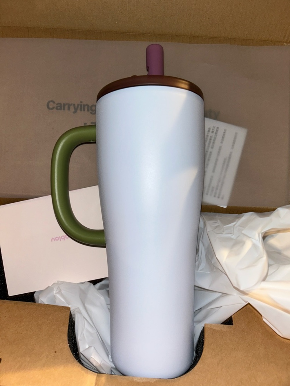 Double-Wall Travel Mug with Olive Handle and Pink Straw